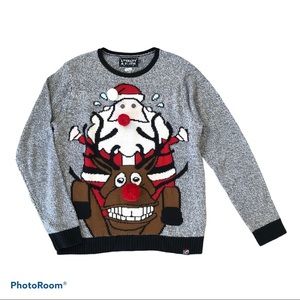 Gray Crewneck Sweater with Santa and Reindeer Design